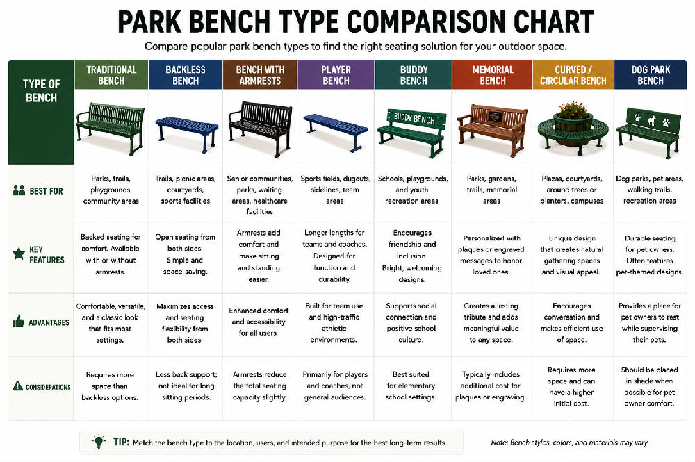 Park bench type comparison chart showing traditional, backless, player, buddy, memorial, curved, and dog park benches